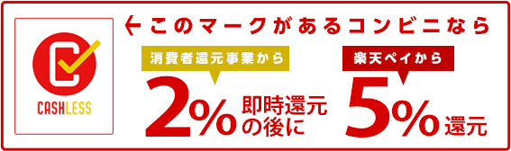 このマークがあるコンビニなら消費者還元事業から2%即時還元の後に楽天ペイから5%還元